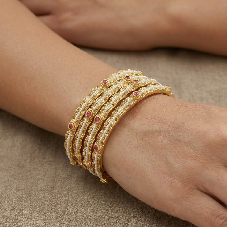 Antique Gold Set Of 4 Bangle Set with Ruby and Pearl Detailing