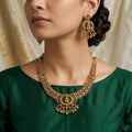 Antique Gold-Plated Lakshmi Temple Jewelry Necklace Set with Green Beads