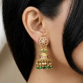 Antique Gold Floral Jhumka Earrings with Ruby & Emerald Stones