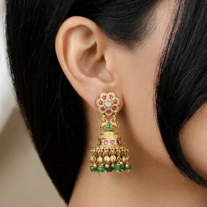 Antique Gold Floral Jhumka Earrings with Ruby & Emerald Stones