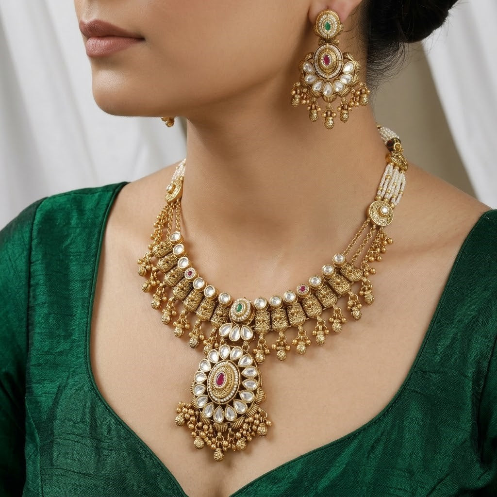 Antique Gold-Plated Kundan Necklace Set with Earrings