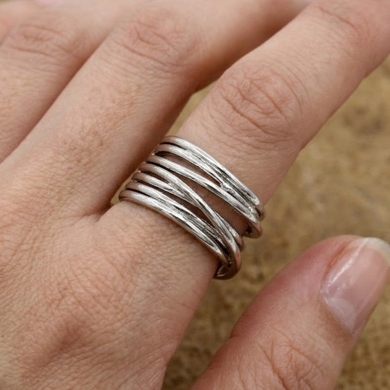 Silver Layered Open Band Adjustable Ring