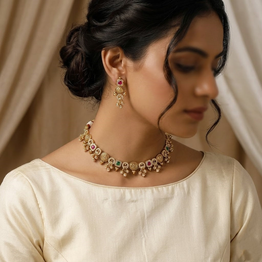 Antique Gold Tone Necklace Set with Ruby and Emerald Stones
