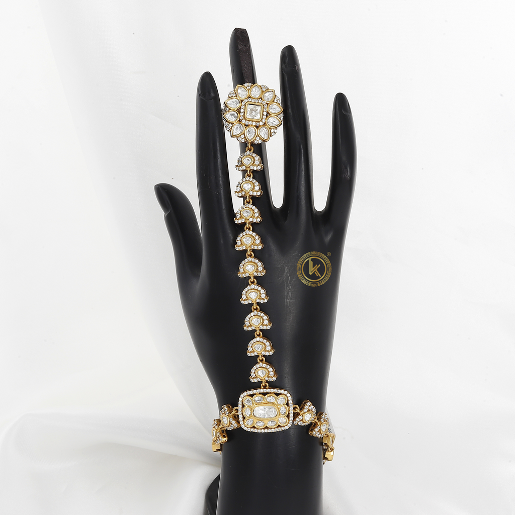 Beautiful Gold Plated Hand Ornament with Kundan & Pearls