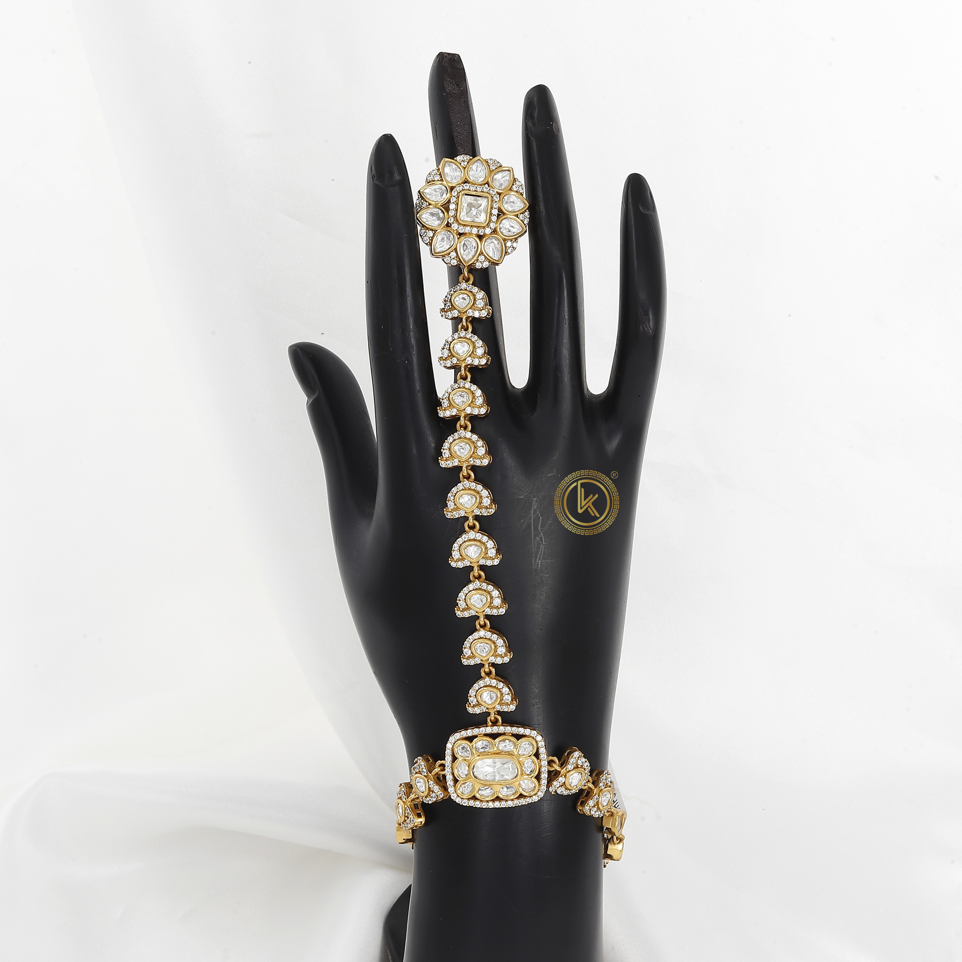 Beautiful Gold Plated Hand Ornament with Kundan & Pearls