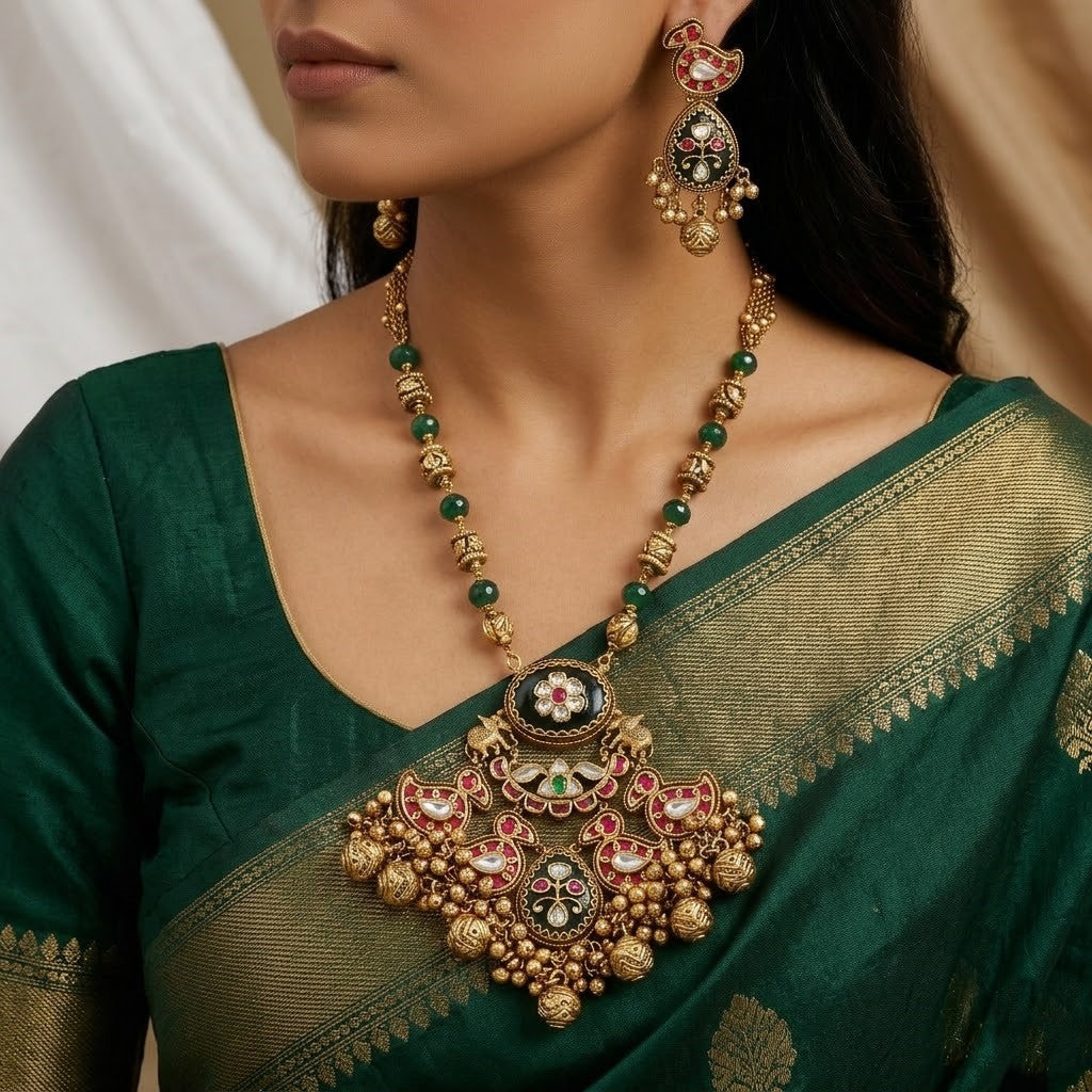 Antique Peacock Necklace Set with Green Beads, Kemp Stone, and Black Enamel