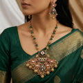 Antique Peacock Necklace Set with Green Beads, Kemp Stone, and Black Enamel
