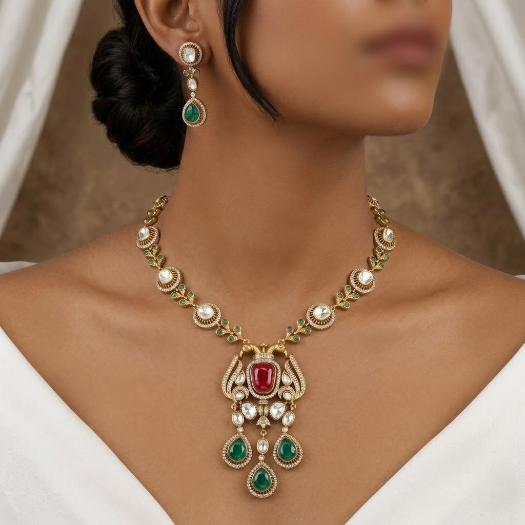 Ruby & Emerald Luxury Jadau Polki Necklace Set