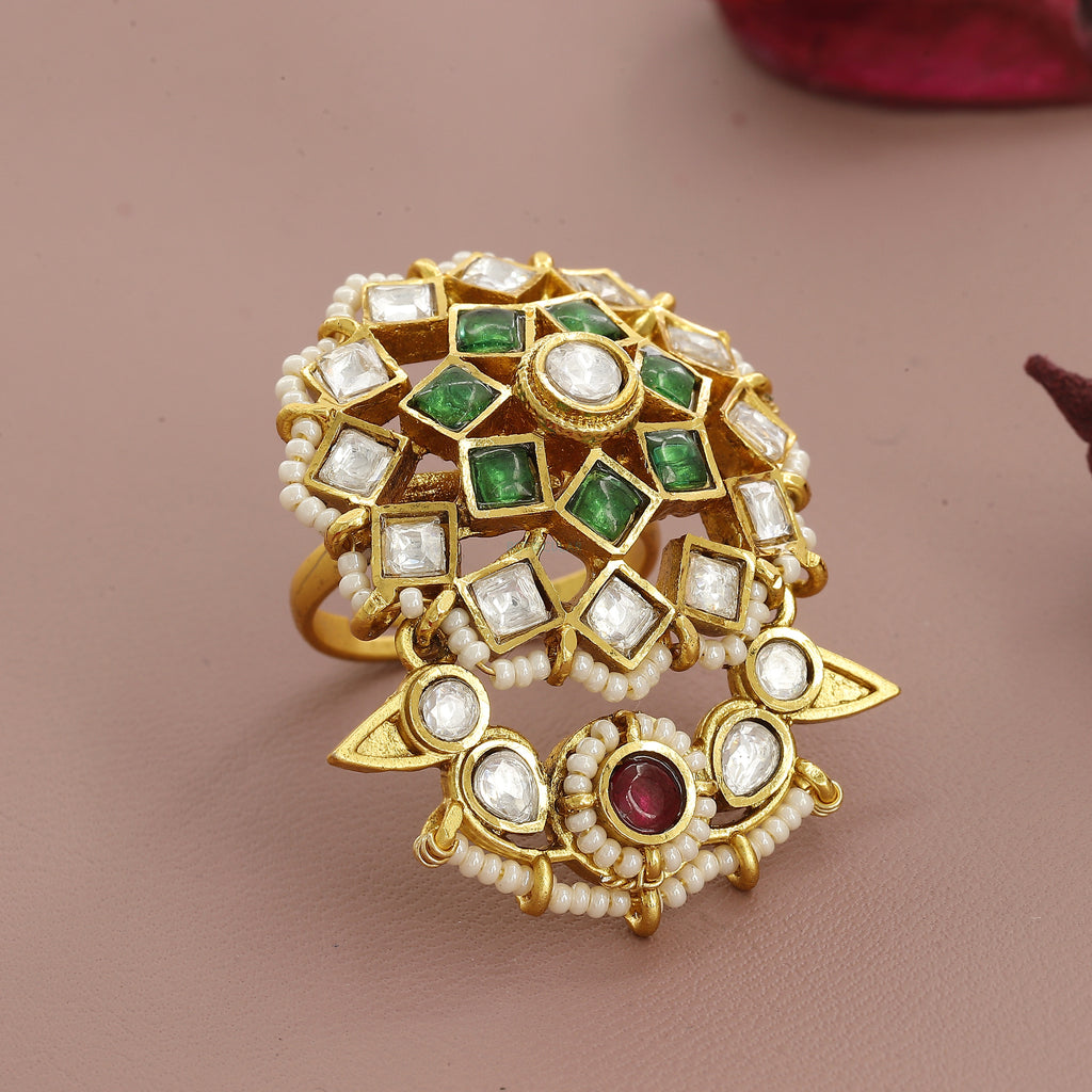 Big Kundan Heritage Wedding Free Size Ring