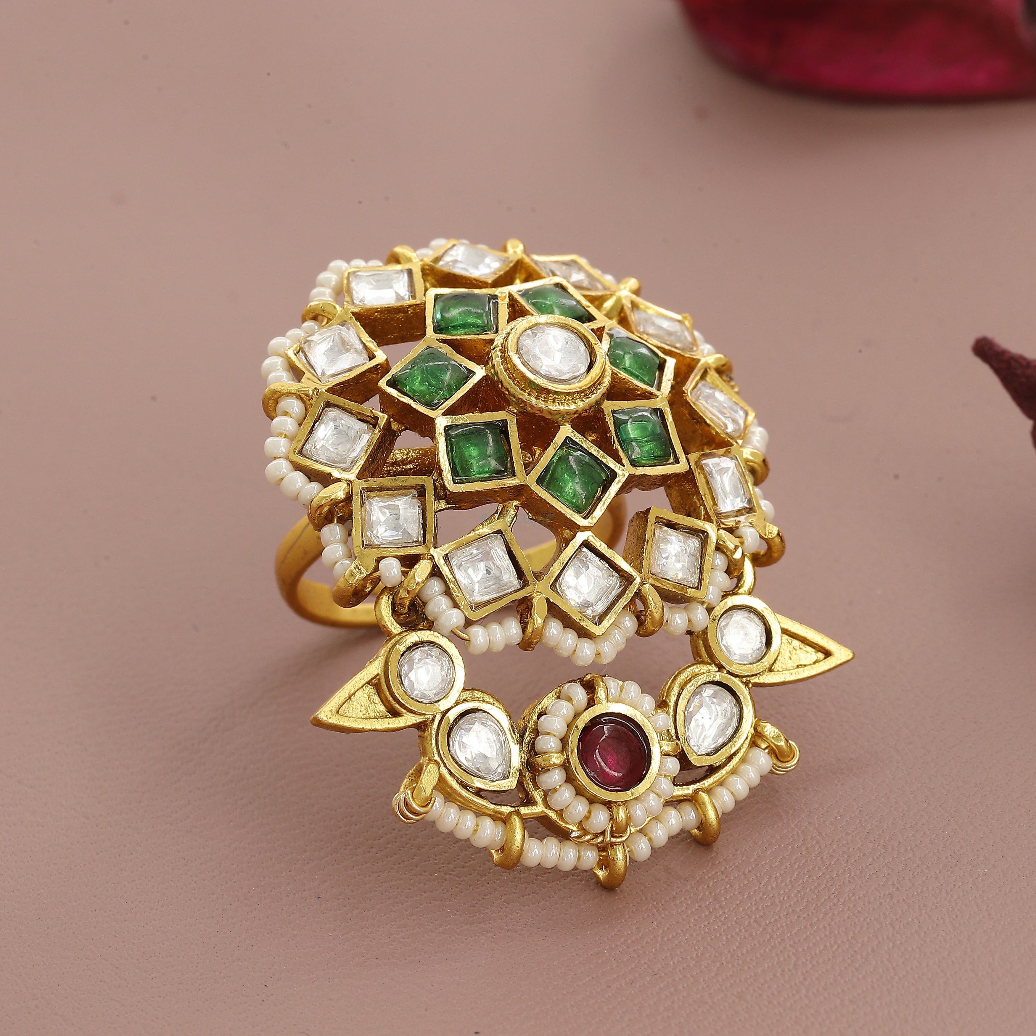 Big Kundan Heritage Wedding Free Size Ring