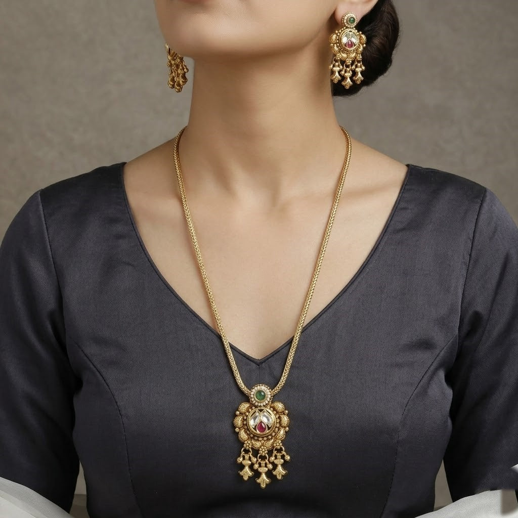 Elegant Kundan Chain Long Necklace Set with Ruby & Emerald Accents