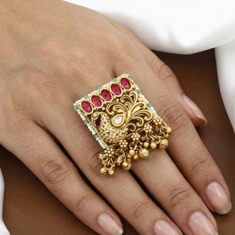 Antique Peacock Finger Ring with Gemstones and Pearls