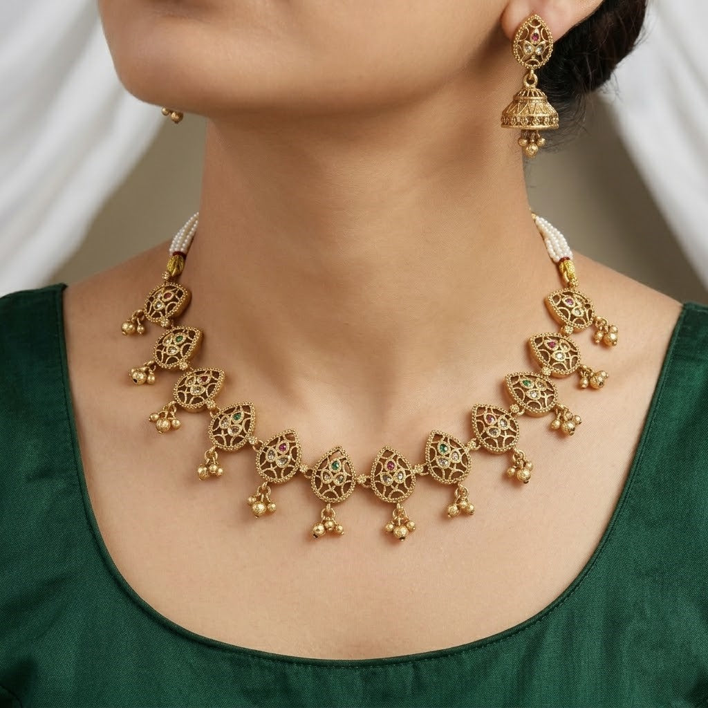 Delicate Antique Gold Necklace Set with Multi-Color Stone & Jhumki Earrings