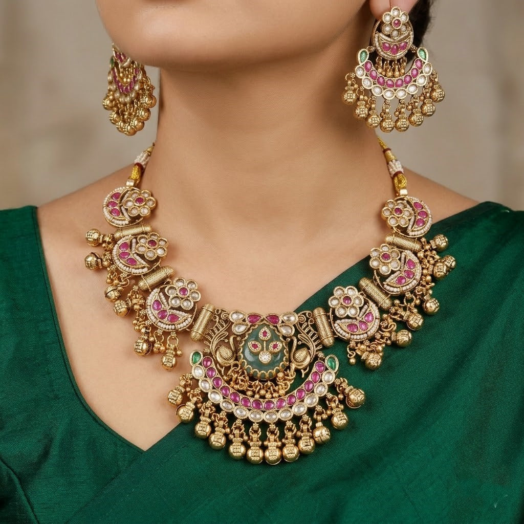 Heavy Kundan Embellished Necklace Set with Pearl Drop Dangles
