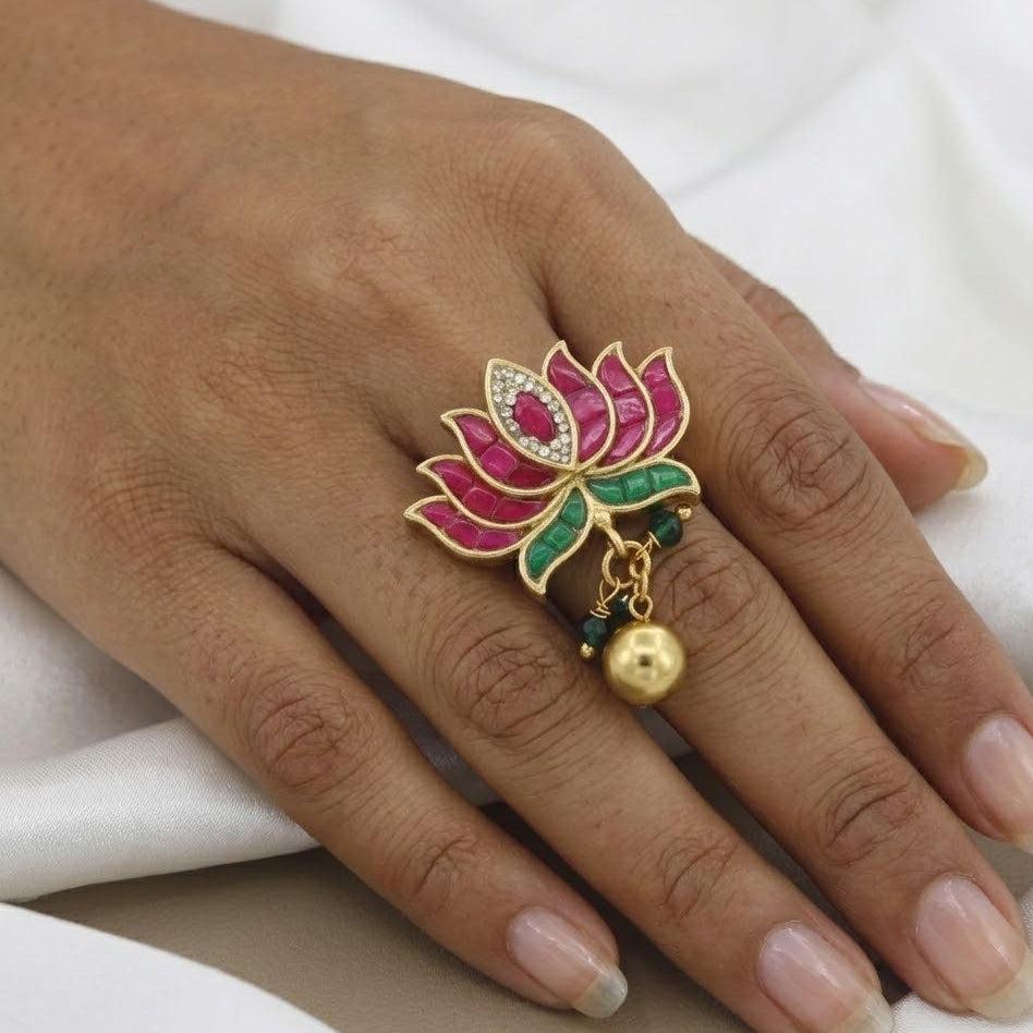 Gold Plated Lotus Motif Ring with Pink & Green Stones