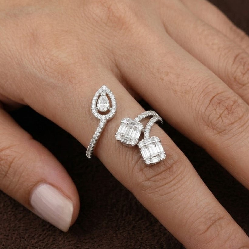 Pear & Rectangle Cuts Silver Asymmetrical Bypass Ring