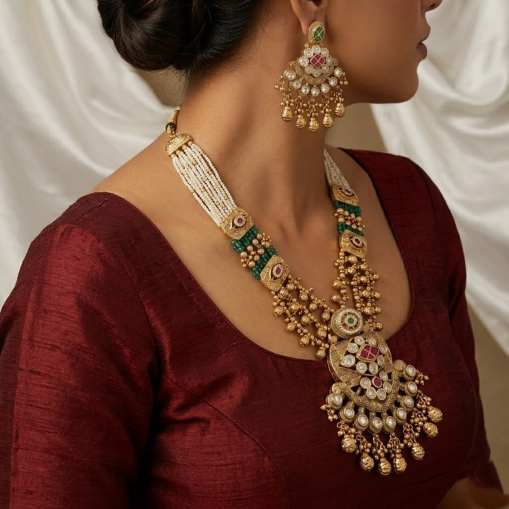 Elegant Multi-Strand Seed Pearl & Antique Gold Necklace Set