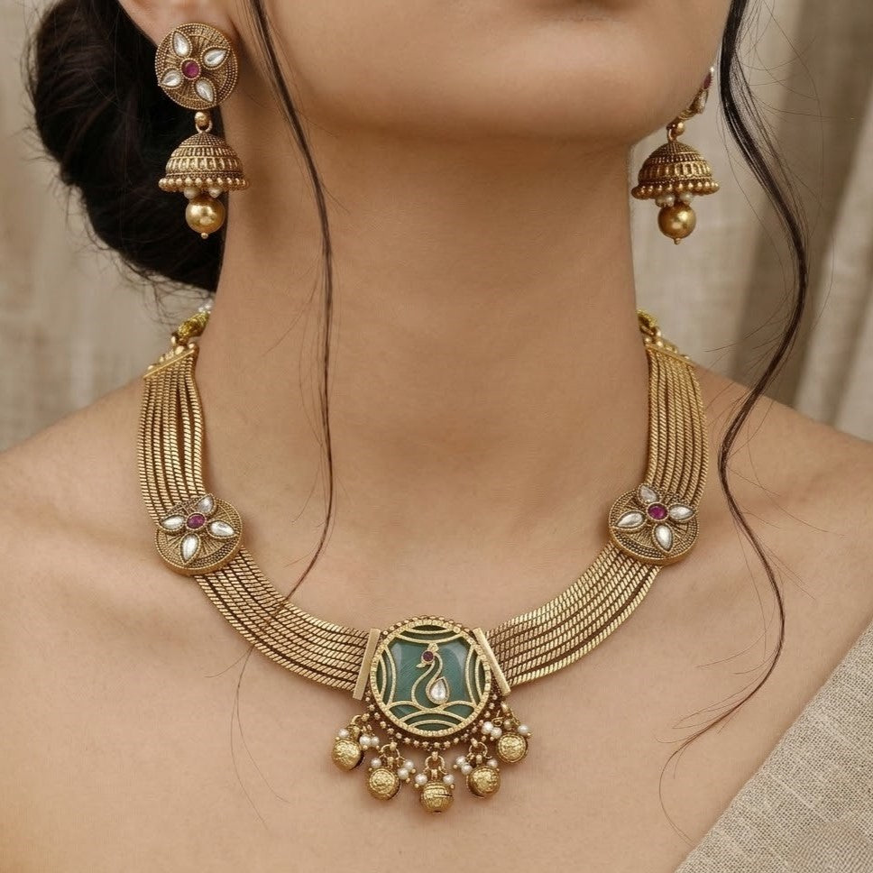 Antique Gold Layered Swan Pendant Necklace with Jhumkis