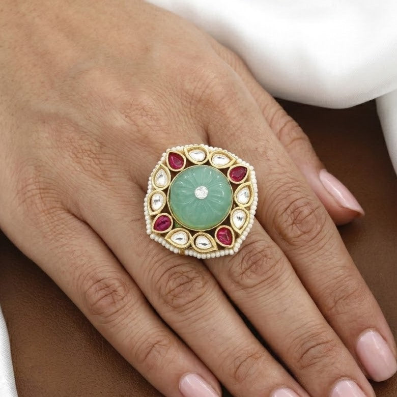 Exquisite Jadau Emerald  Freesize Ruby Ring