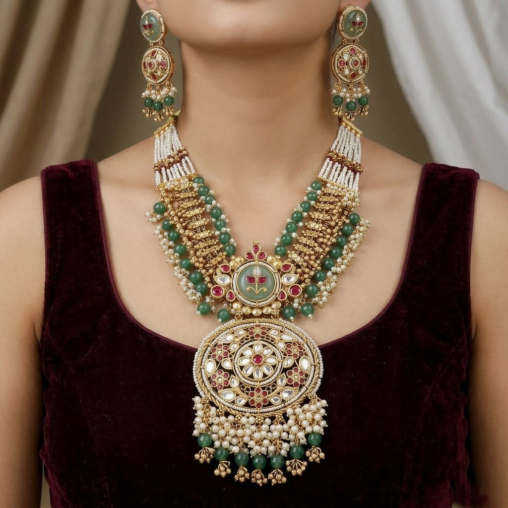 Grand Jadau Kundan & Ruby Necklace Set with Multi-Strand Pearls and Emerald Beads