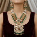 Grand Jadau Kundan & Ruby Necklace Set with Multi-Strand Pearls and Emerald Beads