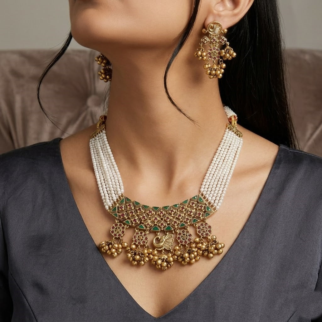 Antique Gold Peacock Necklace Set Multi-Strand Pearls & Ghungroo Dangles