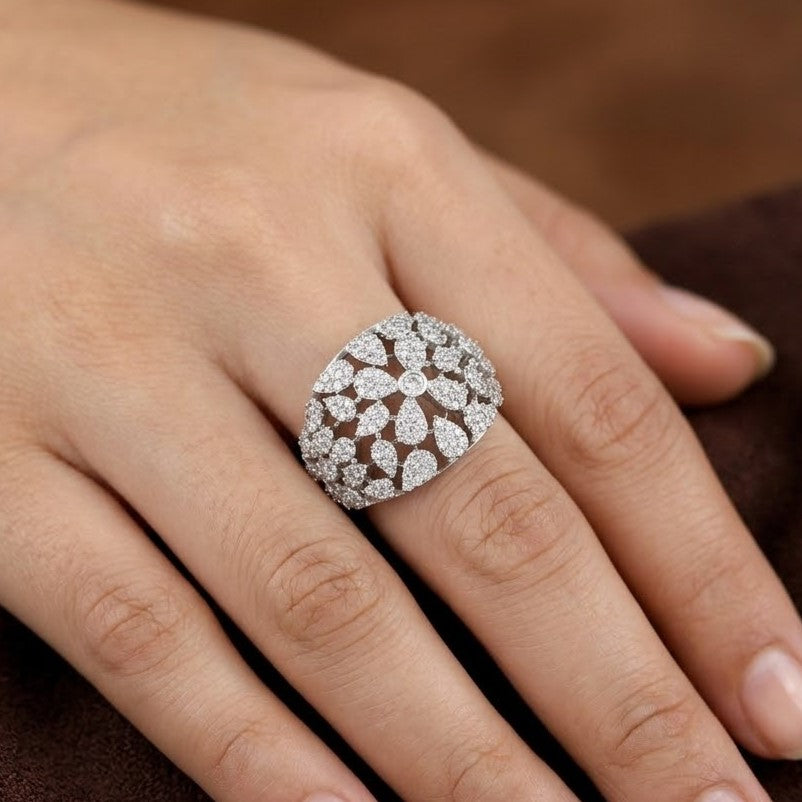 Sparkling Full Pave Silver Tone Clear Crystal Cluster Diamond Ring