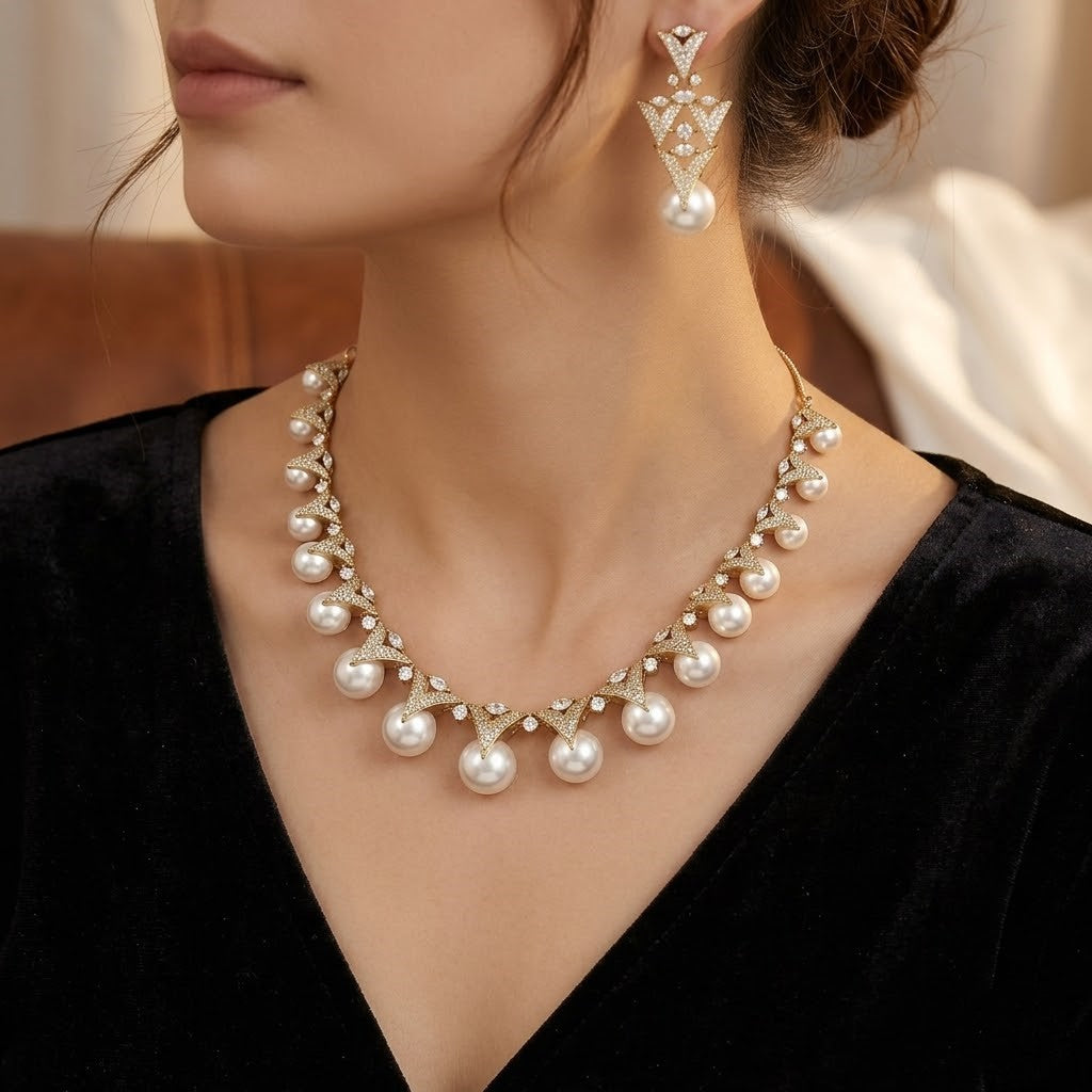Mehndi Polished Modern Pearl & CZ Geometric Necklace