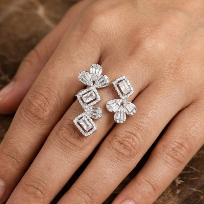 Silver Geometric Floral Statement Ring