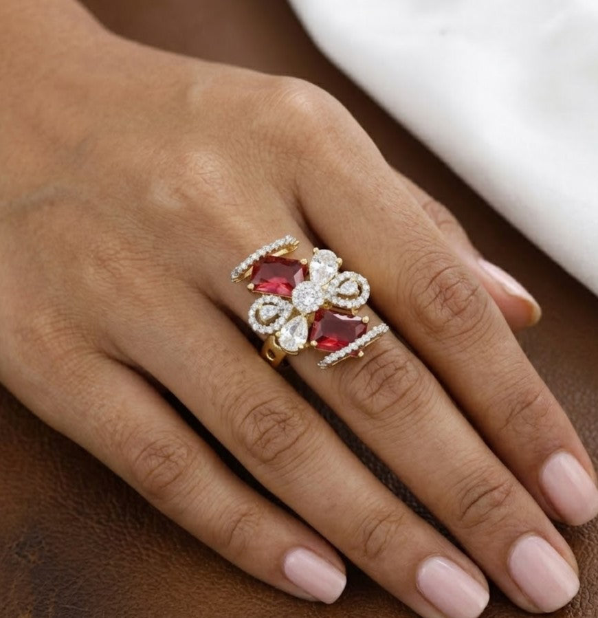 Gold Tone Cocktail Elegant Crystal Floral Statement Ring