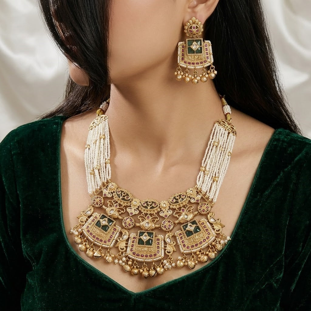 Antique Gold Plated Necklace Set with Pearl Strands and Jhumka Earrings