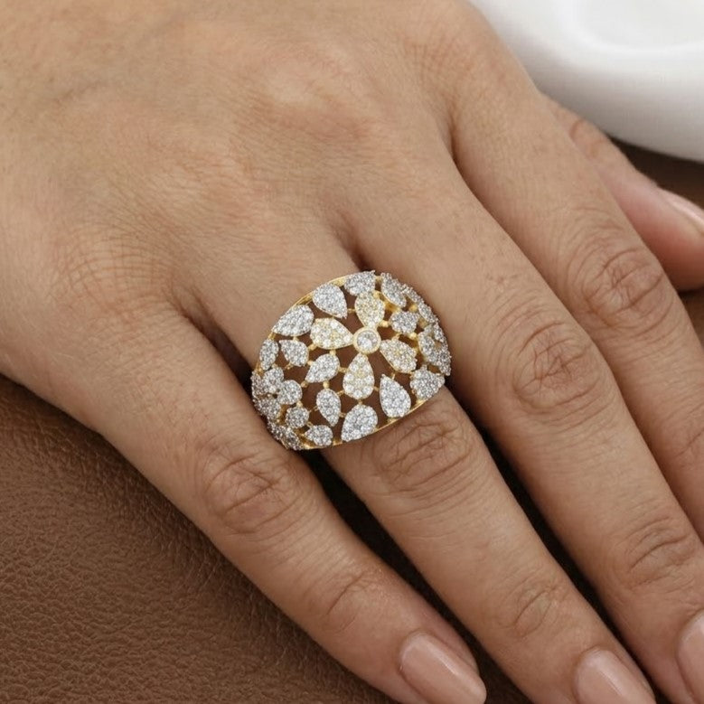 Sparkling Full Pave Gold Tone Clear Crystal Cluster Diamond Ring