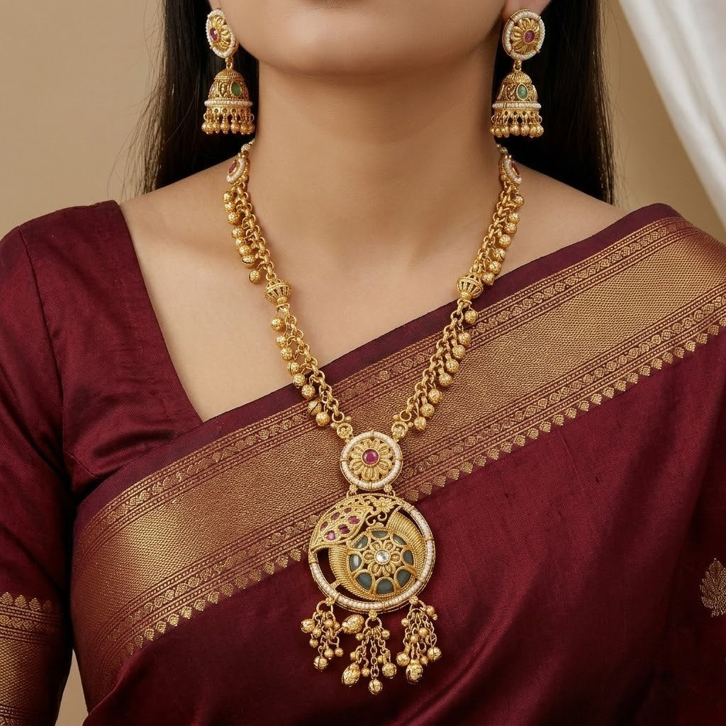 Grand Gold-Plated Jhumki Necklace Set with Elephant & Floral Motifs