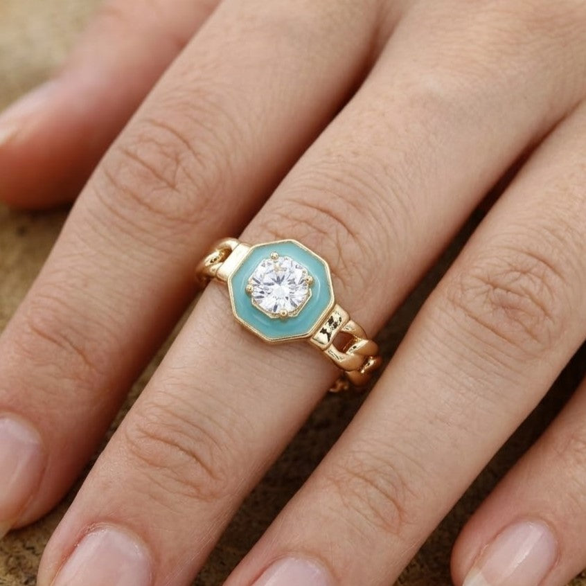 Turquoise Octagon Statement Free Size Ring