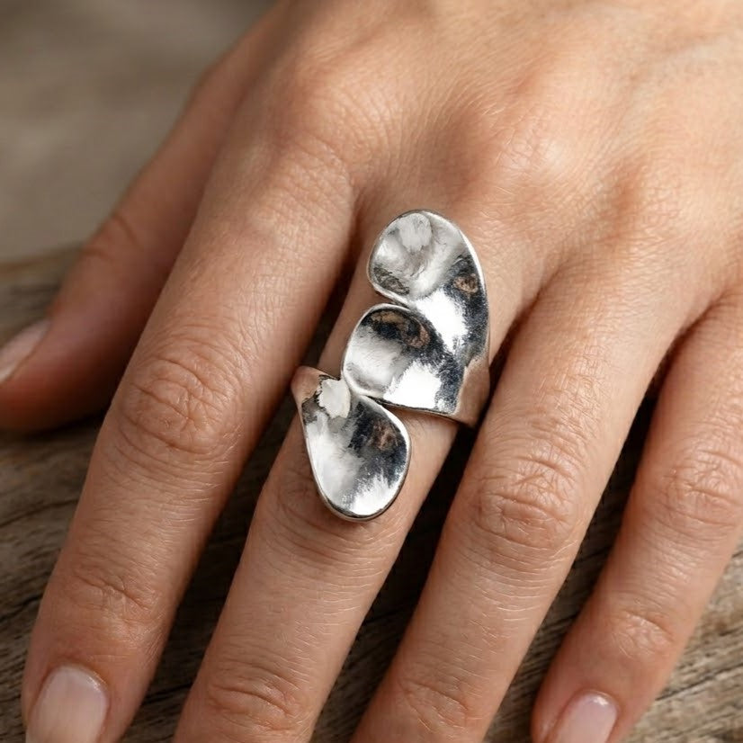 Sculptural Silver Toned Wave Adjustable Ring