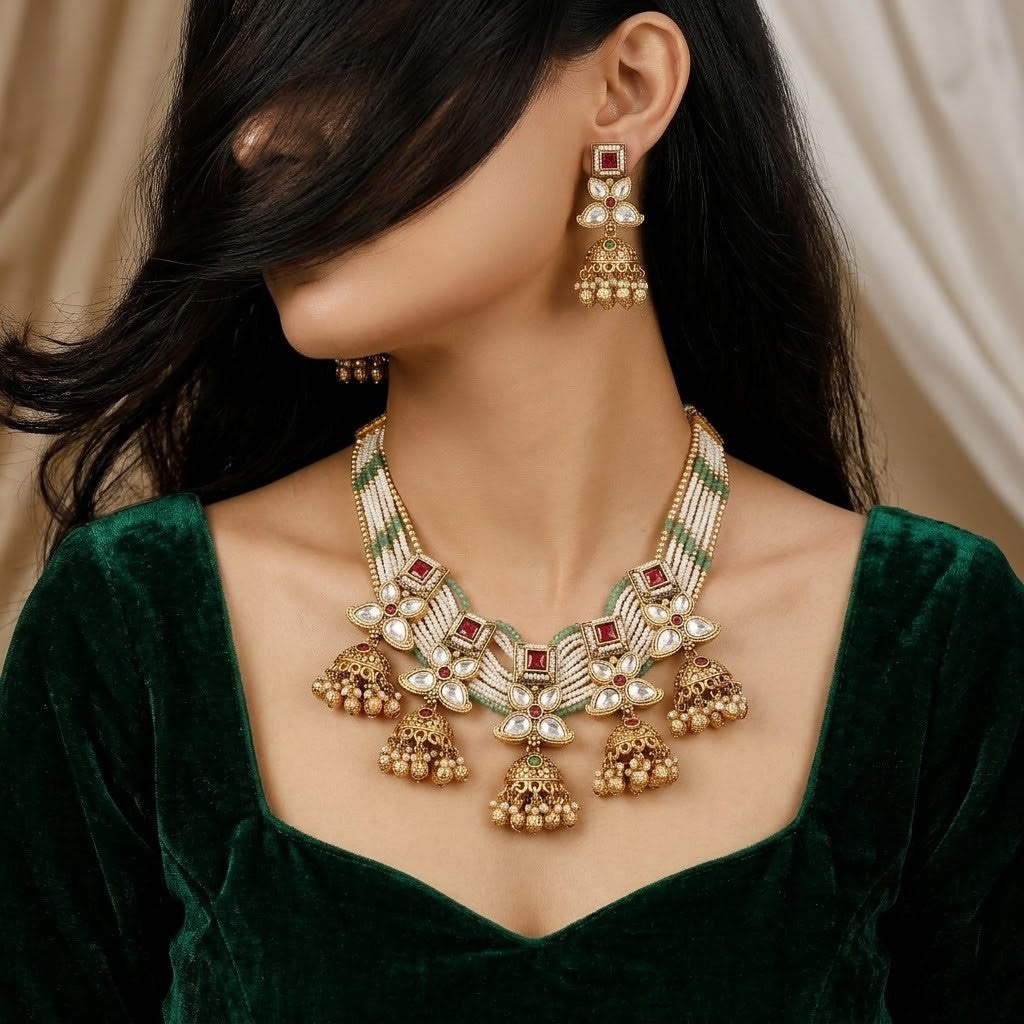 Multistrand Beaded Necklace Set with Kundan & Jhumka Earrings