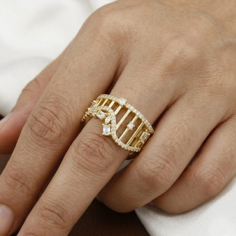 Gold Polished Modern Architectural Crown Free Size Ring