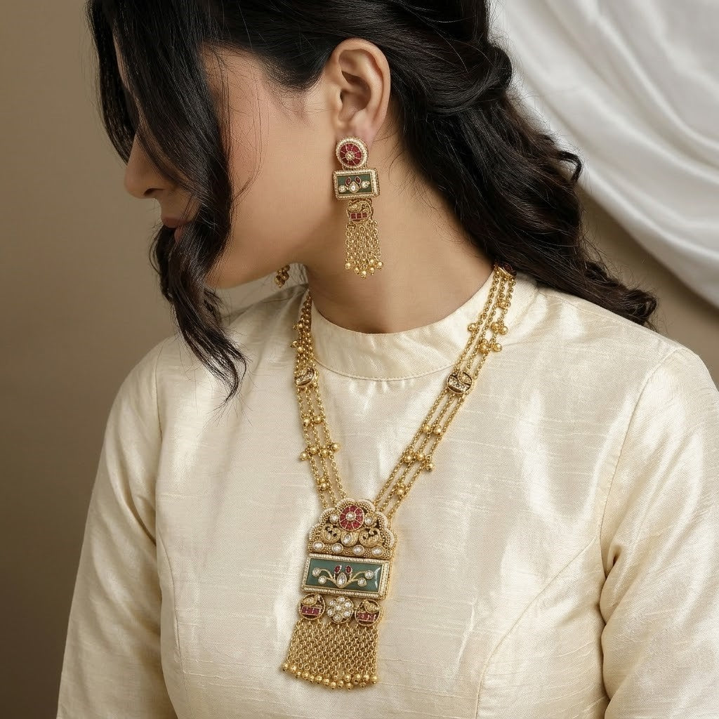 Rectangular Enamel Pendant Necklace with Kundan & Gold Chains