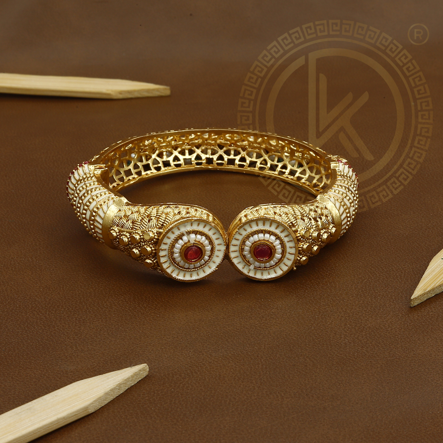 Designer Open Kada with Ruby & White Stone Accents