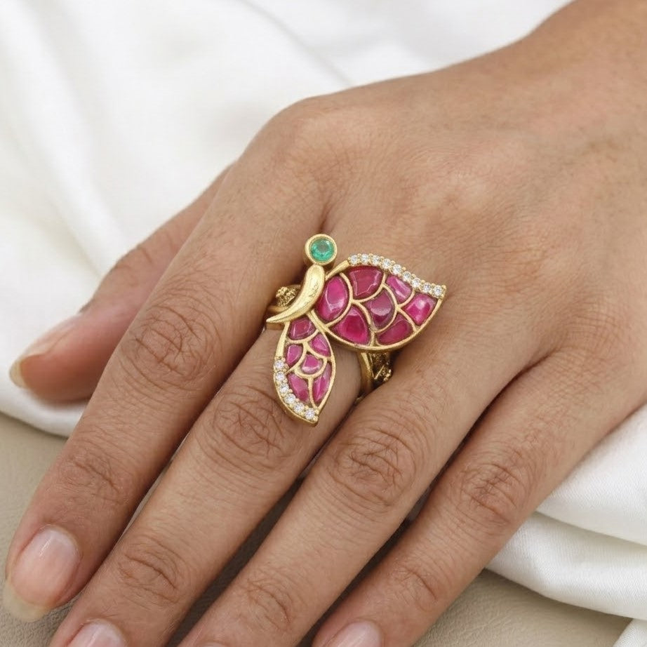 Antique Gold Butterfly Statement Ring with Pink & Green Stones