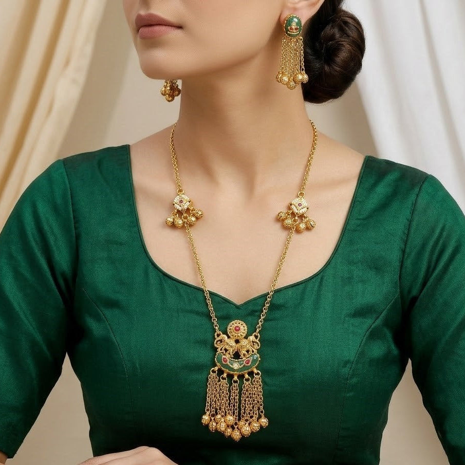 Traditional Antique Gold Plated Choker Necklace with Green Enamel and Jhumki Earrings