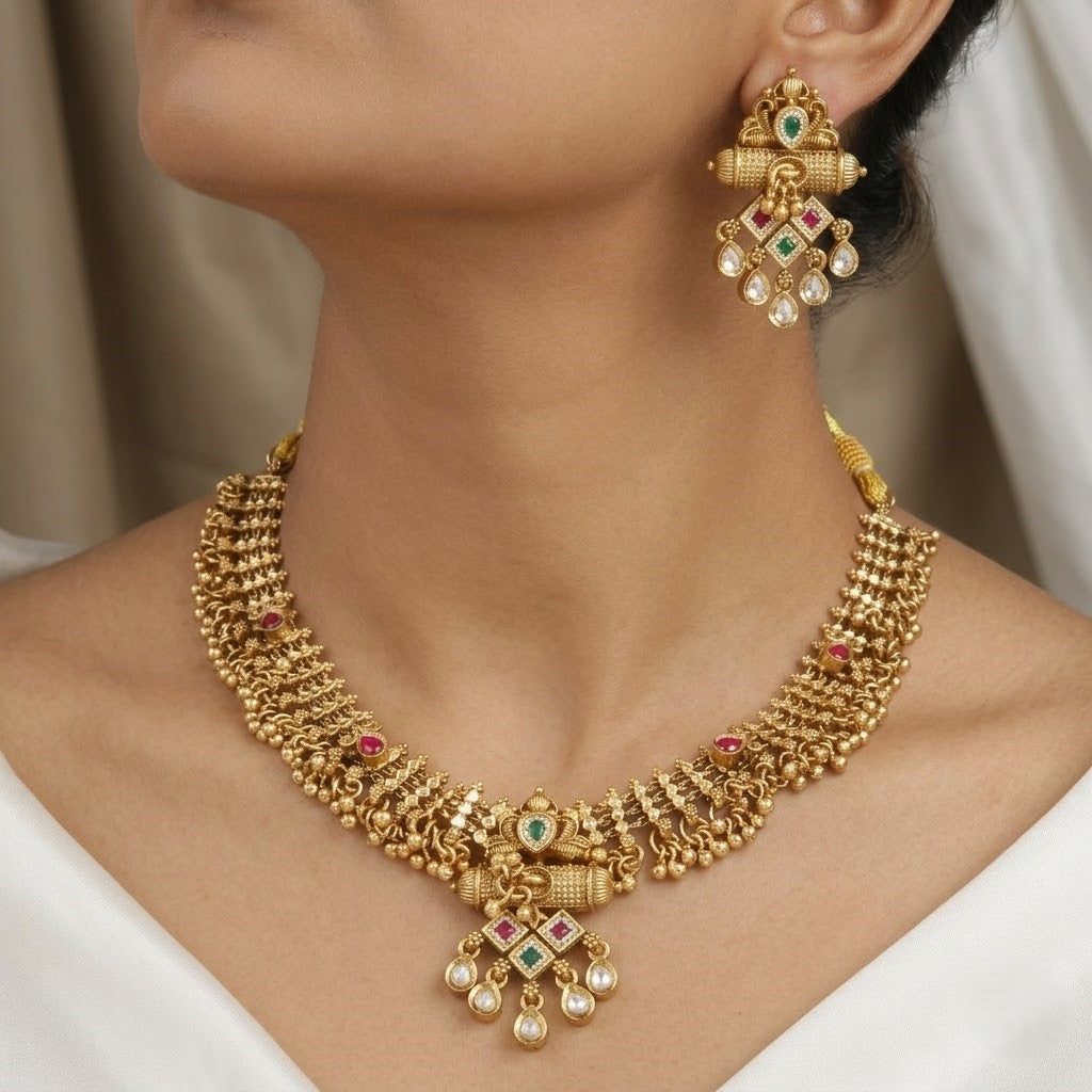 Traditional Antique Gold Plated Necklace & Earring Set