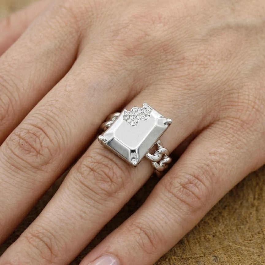 Silver Chain Link Ring with Pave Inset Rectangle Plate
