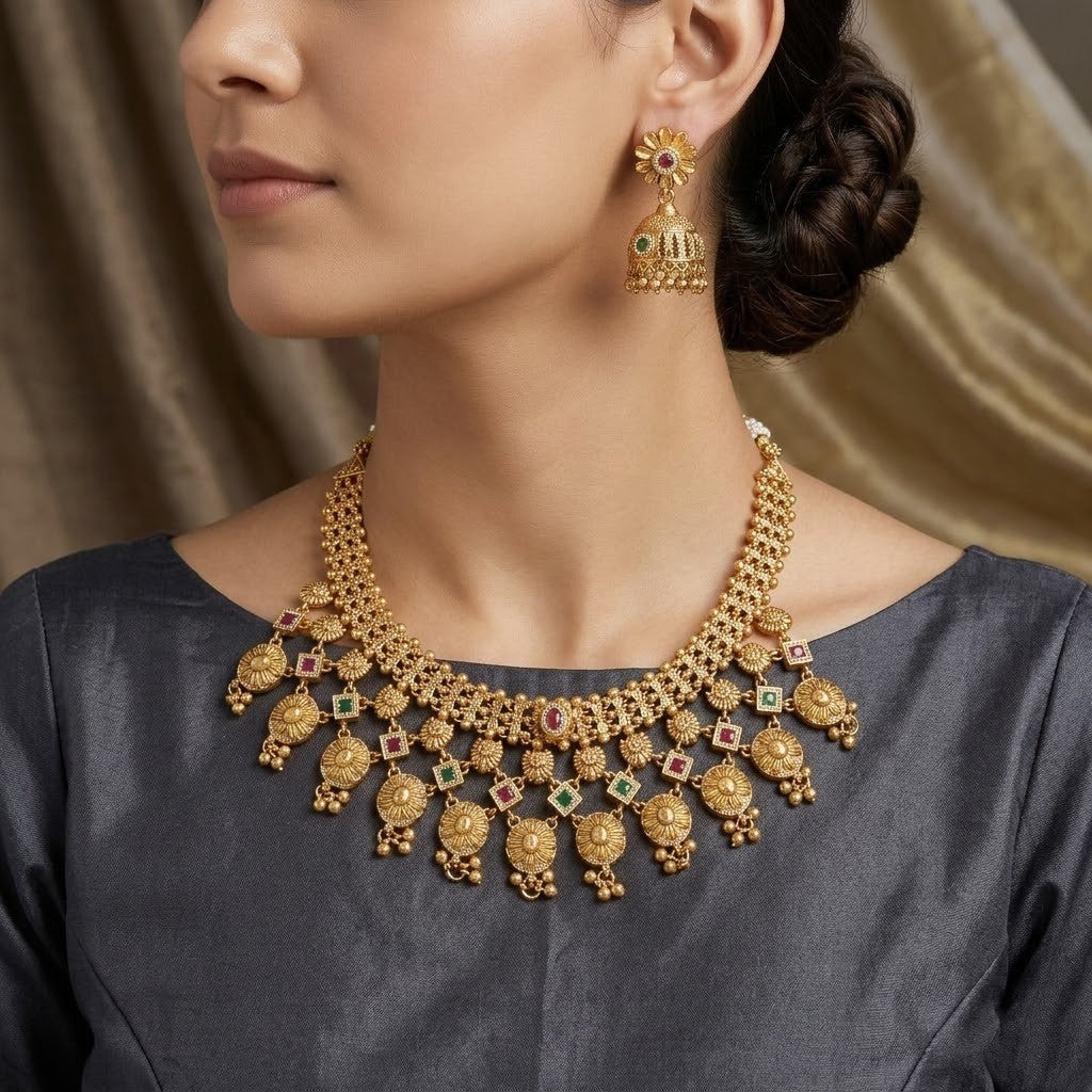 Traditional Matte Gold-Plated Wedding Necklace Set