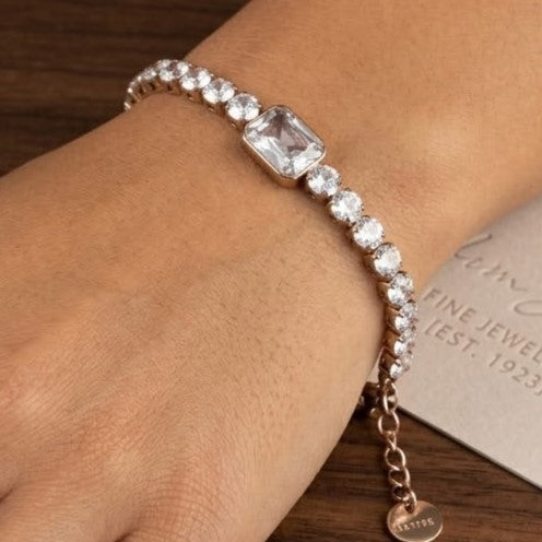 Emerald Cut Center Stainless Steel Crystal Tennis Bracelet
