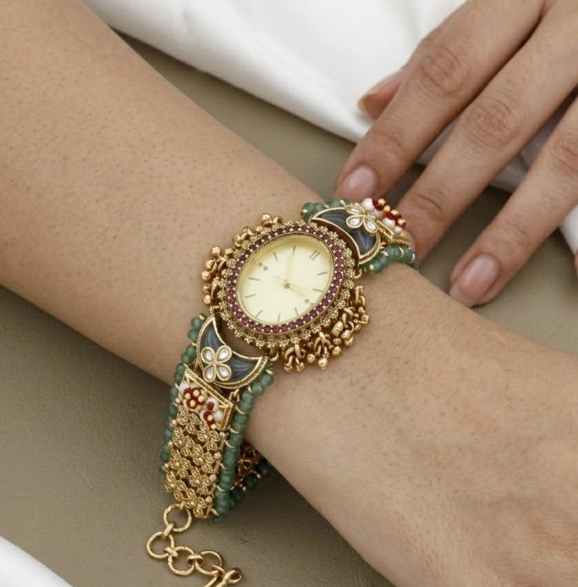 Antique Gold Temple Bracelet Watch with Green Beads & Ruby Accents