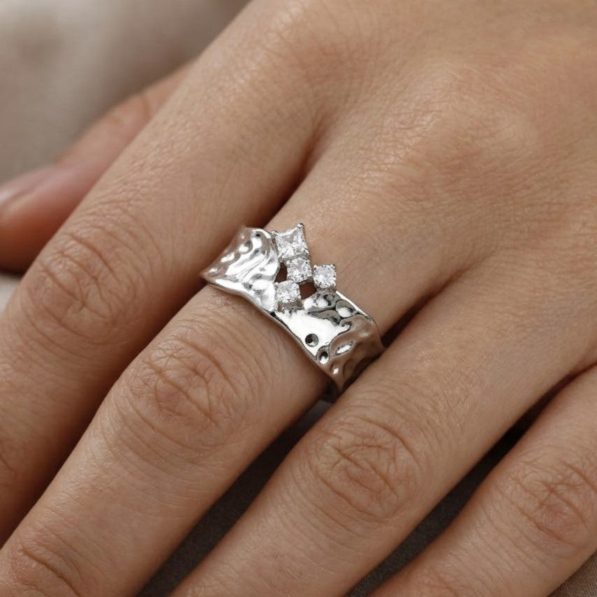 Organic Hammered Silver Adjustable Ring with Crystal Cluster