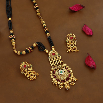 Elegant Black Beads Mangalsutra Set with Gold Pendant & Earrings