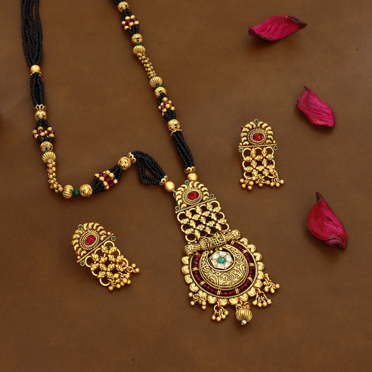 Elegant Black Beads Mangalsutra Set with Gold Pendant & Earrings