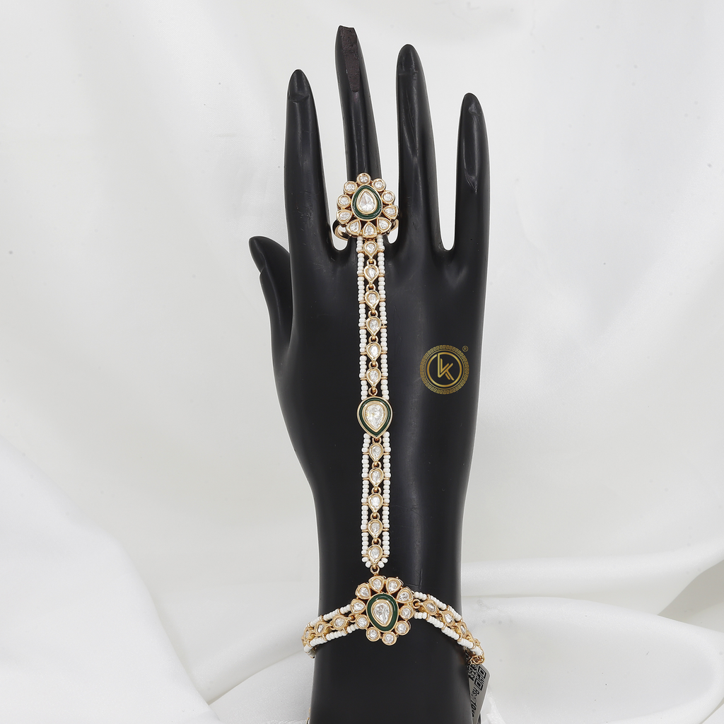 Elegant Gold Hathphool with Kundan & Green Enamel